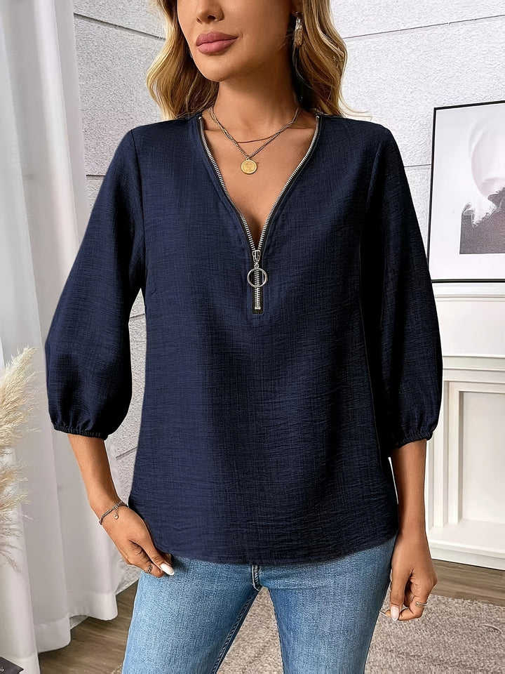 Elise | Zip-Front V-Neck Blus