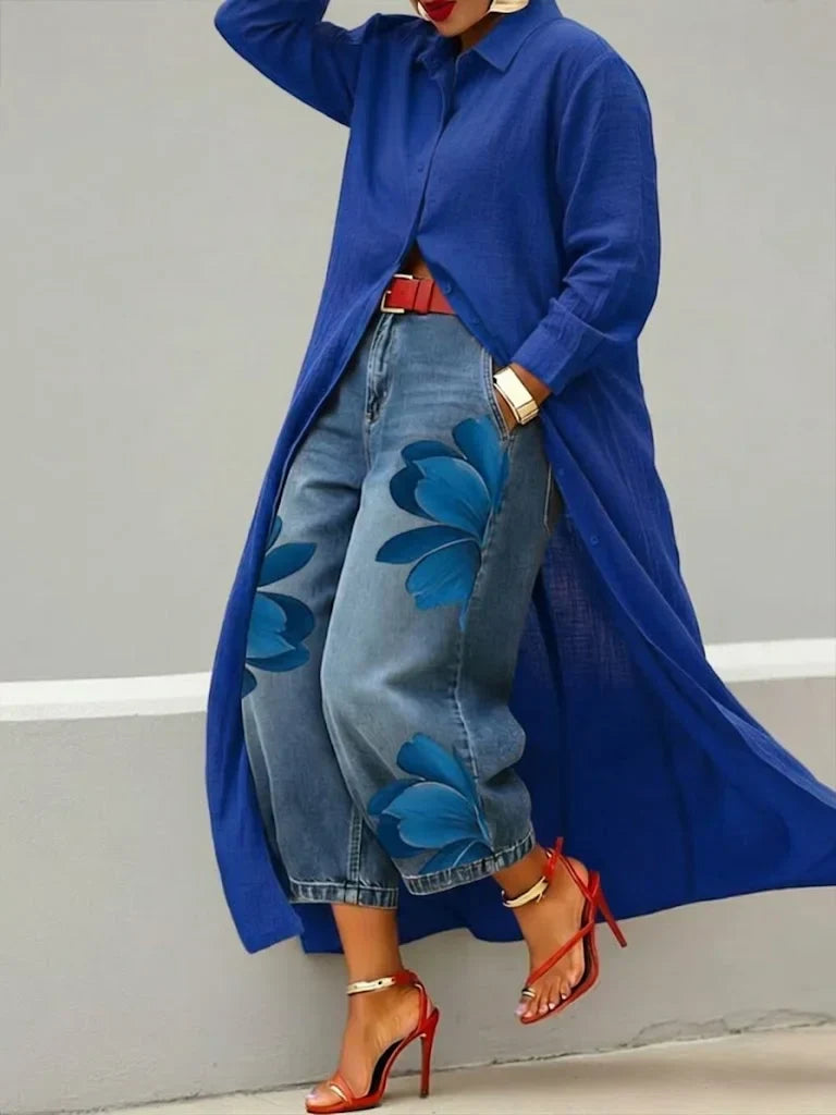 Mallory | Elegant Skjortklänning och Blommiga Jeans Set