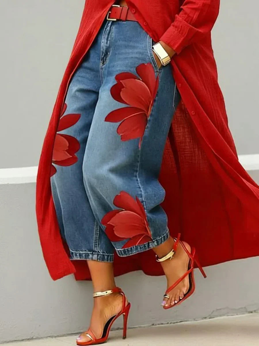 Mallory | Elegant Skjortklänning och Blommiga Jeans Set