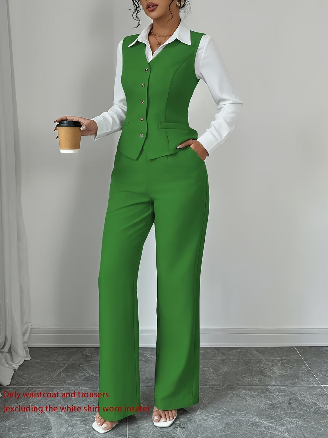 Isleen | Elegant Enknäppt Västa och Högmidjade Byxor Set