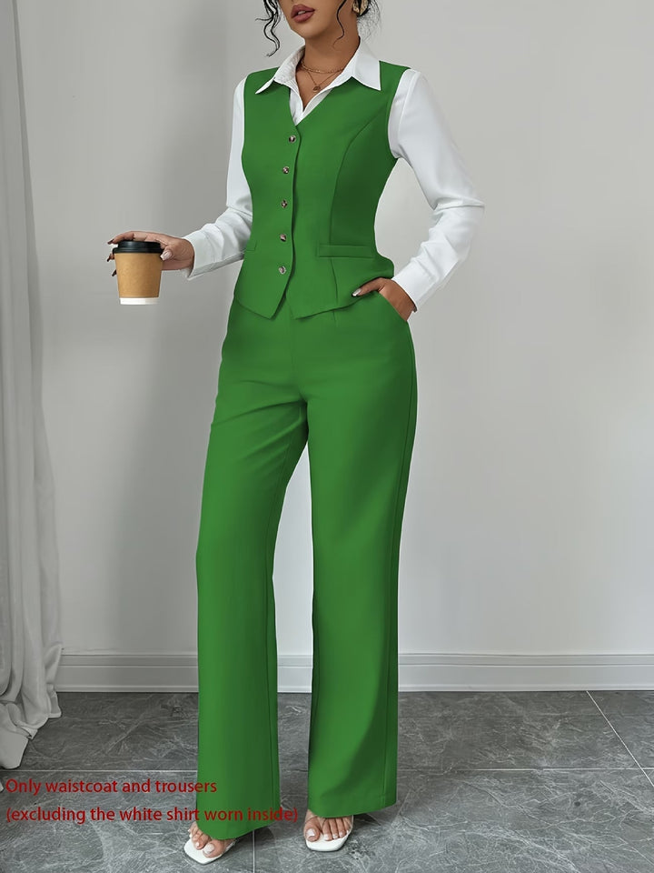 Isleen | Elegant Enknäppt Västa och Högmidjade Byxor Set