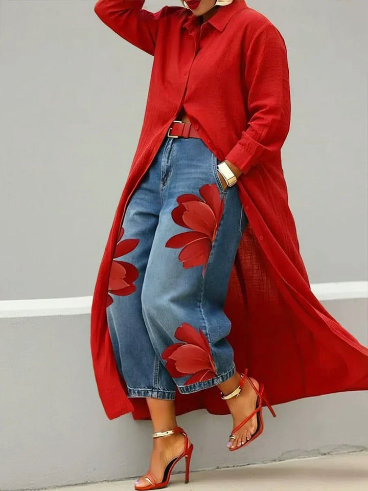 Mallory | Elegant Skjortklänning och Blommiga Jeans Set
