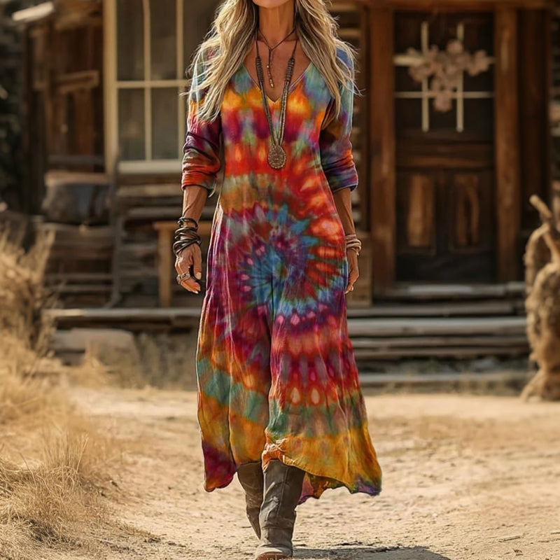 Evelyn | Vintage Tie Dye Långärmad Avslappnad Klänning