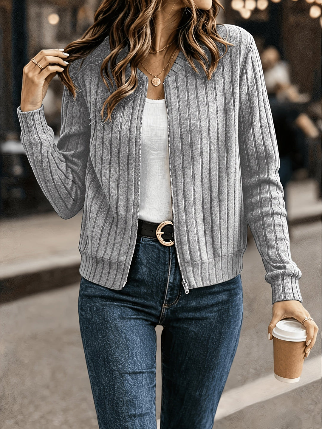 Sloane | Raffinerad Ribbad Zip-Up Jacka