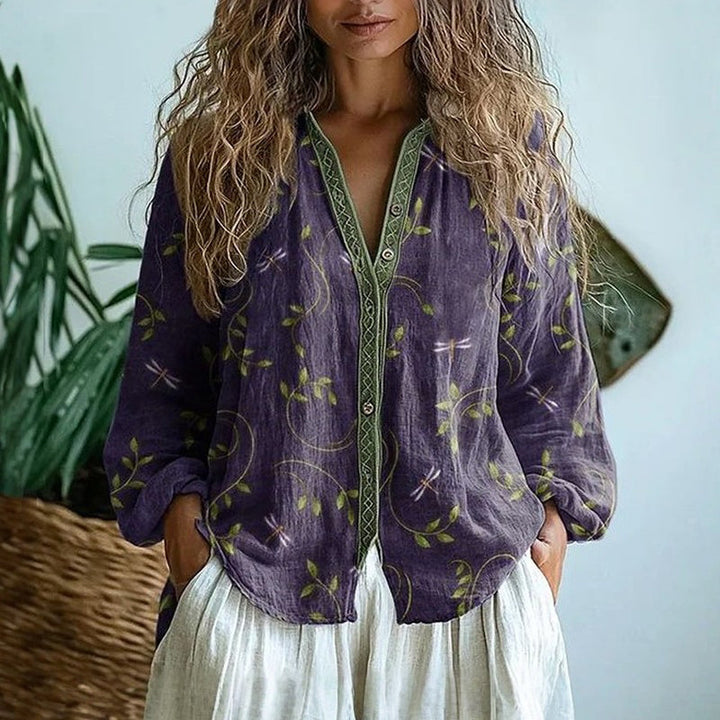 Verena | Elegant Vintage Bladtryck Skjorta