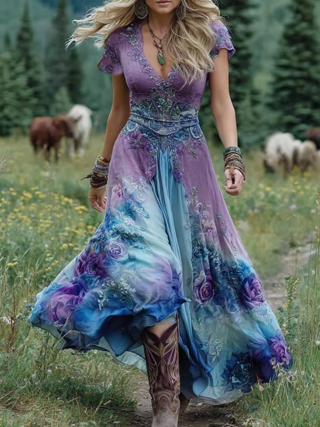 Amelia | Vintage Blommig Maxi Klänning