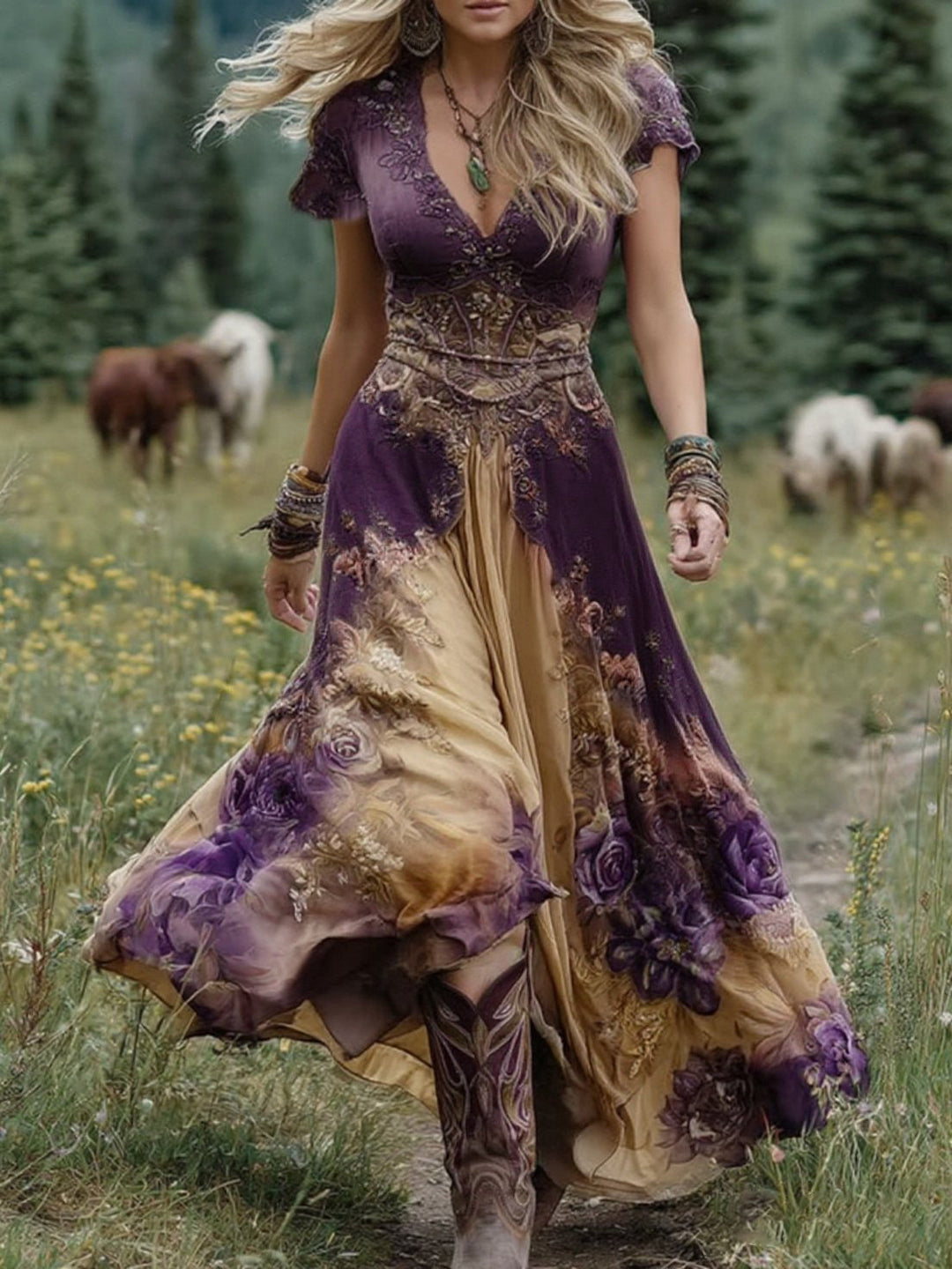 Amelia | Vintage Blommig Maxi Klänning