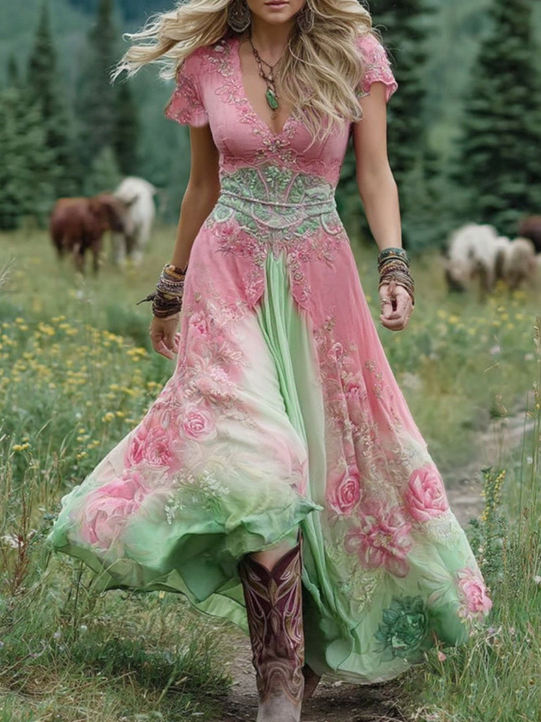 Amelia | Vintage Blommig Maxi Klänning