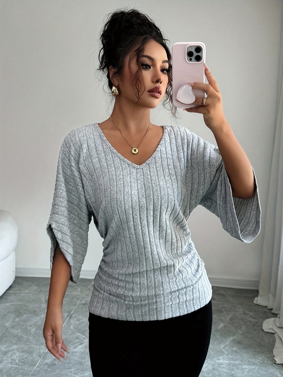Juliana | Ribbad Draperad V-ringad Topp
