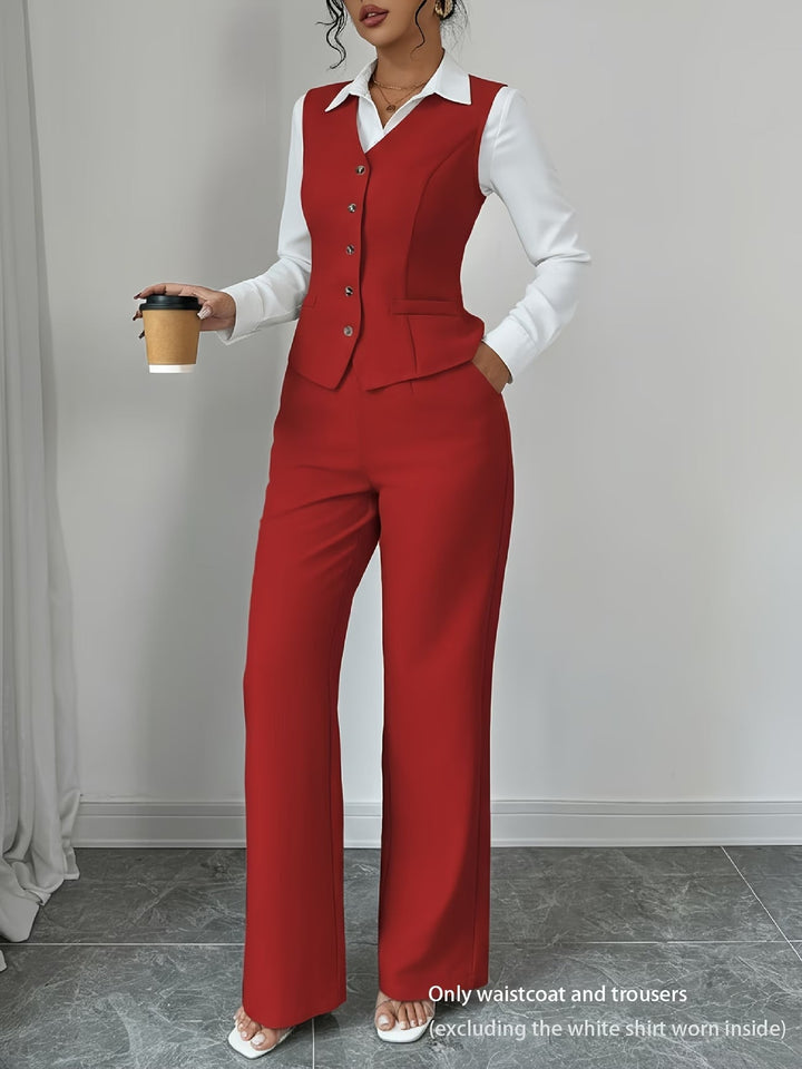 Isleen | Elegant Enknäppt Västa och Högmidjade Byxor Set