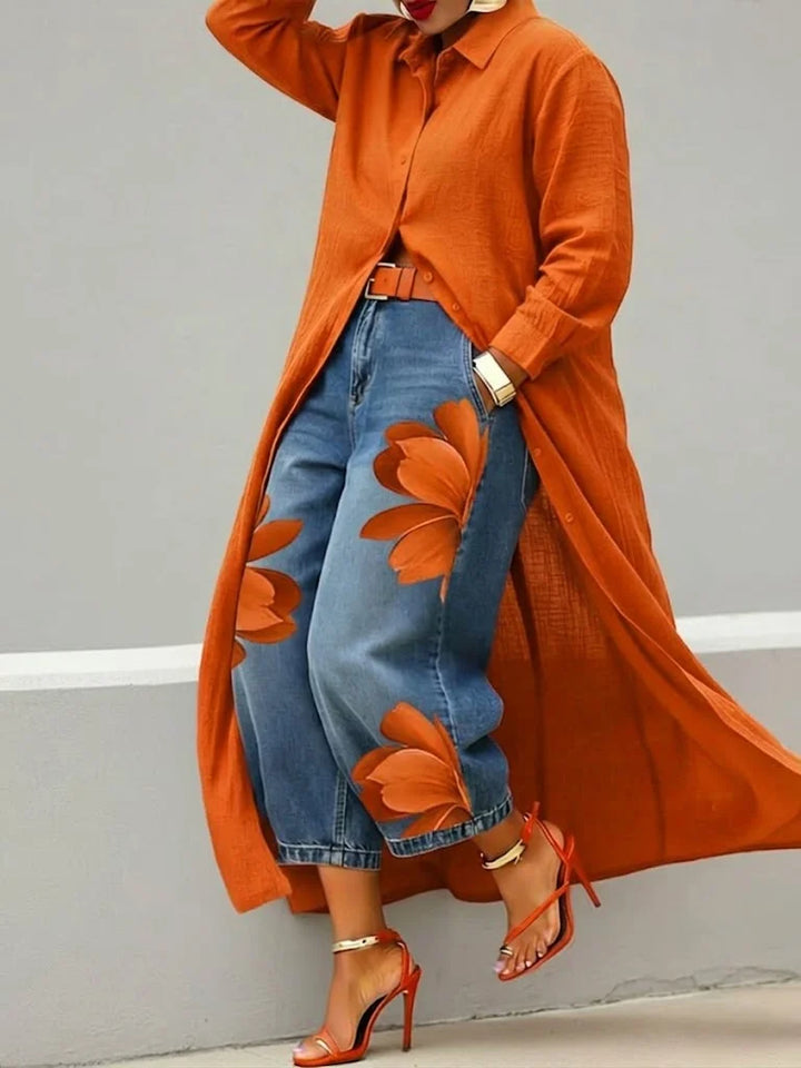 Mallory | Elegant Skjortklänning och Blommiga Jeans Set