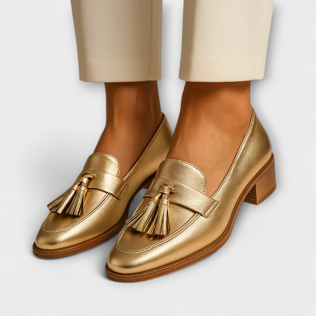 Celeste | Elegant Guld Franjloafers