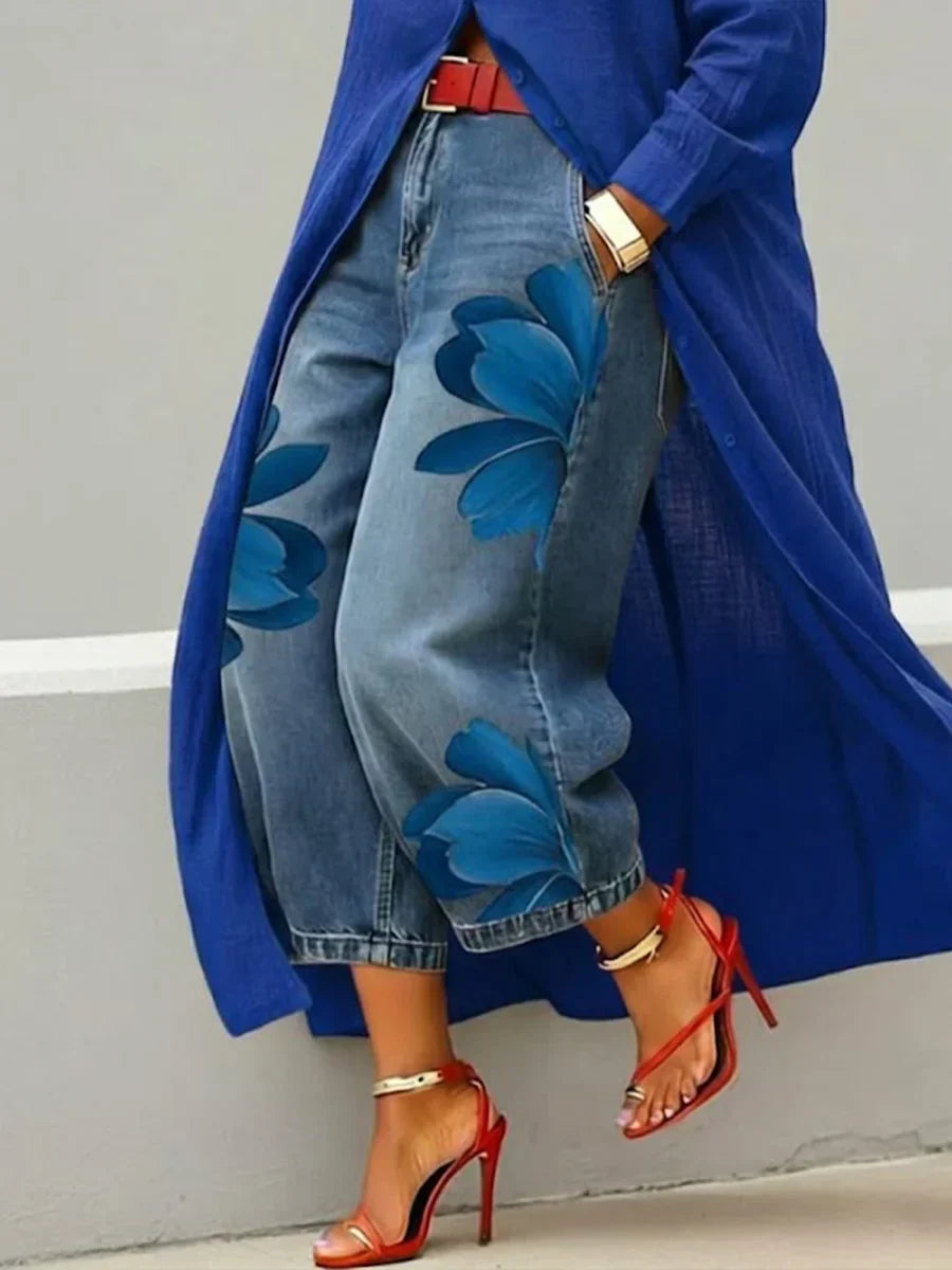 Mallory | Elegant Skjortklänning och Blommiga Jeans Set