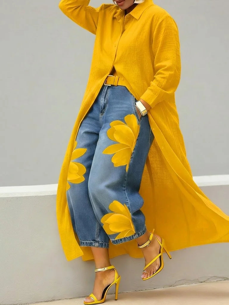 Mallory | Elegant Skjortklänning och Blommiga Jeans Set