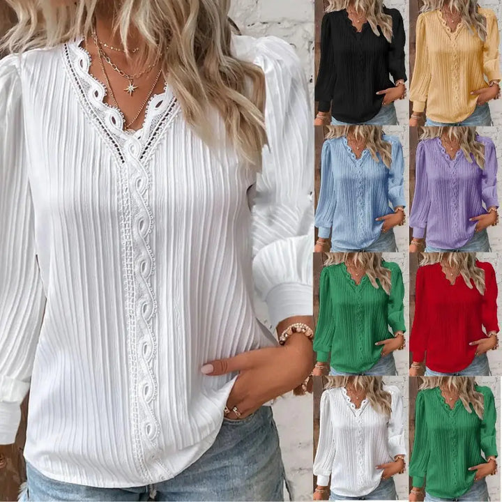 Rowena | Blus med spetsdetaljer och V-ringning