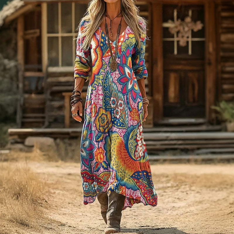 Natalie | Vintage Flerfärgad Långärmad Klänning