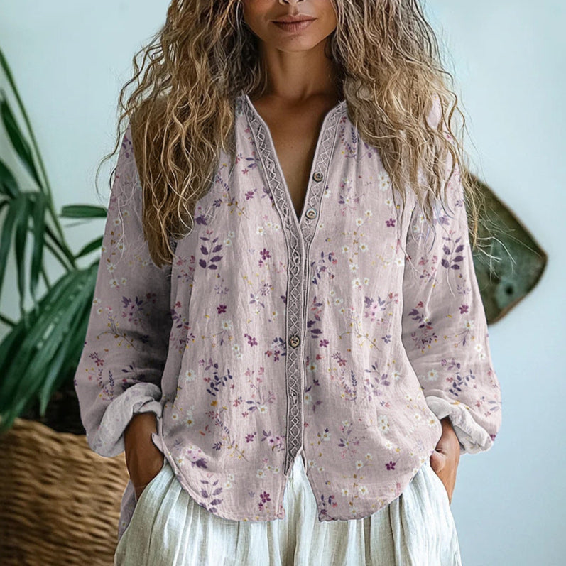 Verena | Elegant Vintage Bladtryck Skjorta