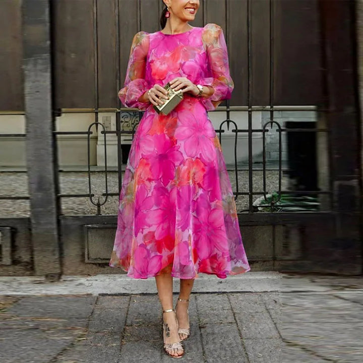 Maxine | Elegant Blommig Långärmad Midiklänning
