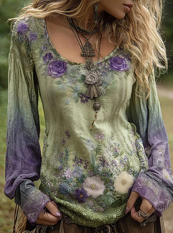 Seraphina | Boho Blommig Blus med Långa Ärmar