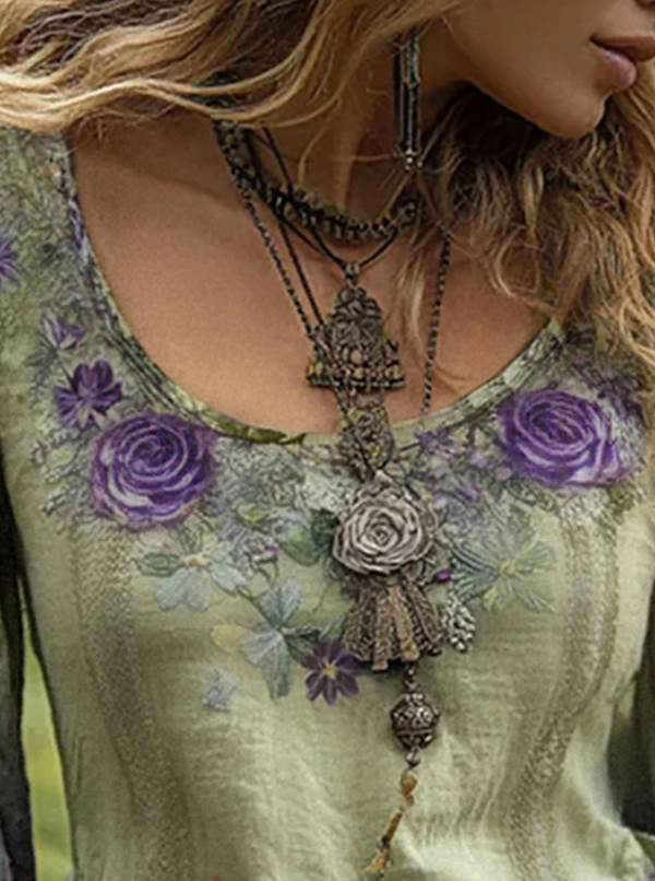 Seraphina | Boho Blommig Blus med Långa Ärmar