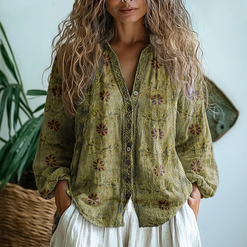 Verena | Elegant Vintage Bladtryck Skjorta
