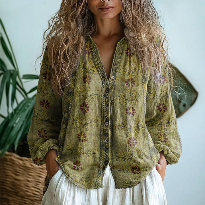 Verena | Elegant Vintage Bladtryck Skjorta
