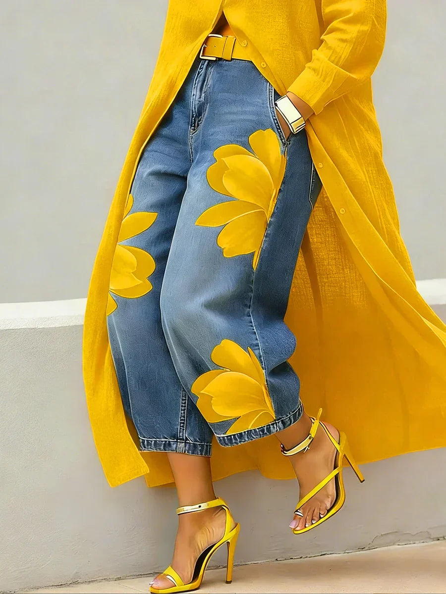 Mallory | Elegant Skjortklänning och Blommiga Jeans Set