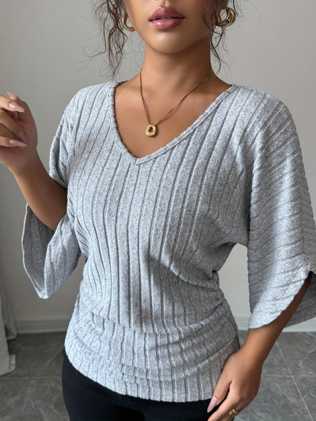 Juliana | Ribbad Draperad V-ringad Topp