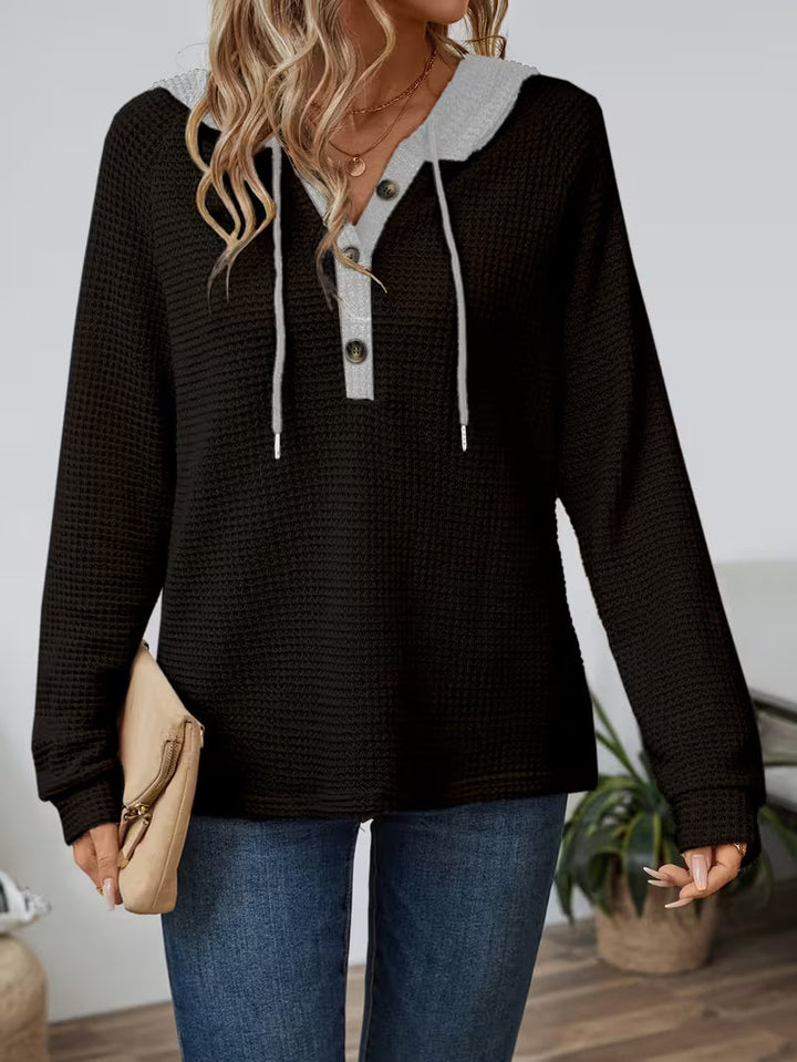 Hanna| Avslappnad Knapp Waffle Stickad Hoodie