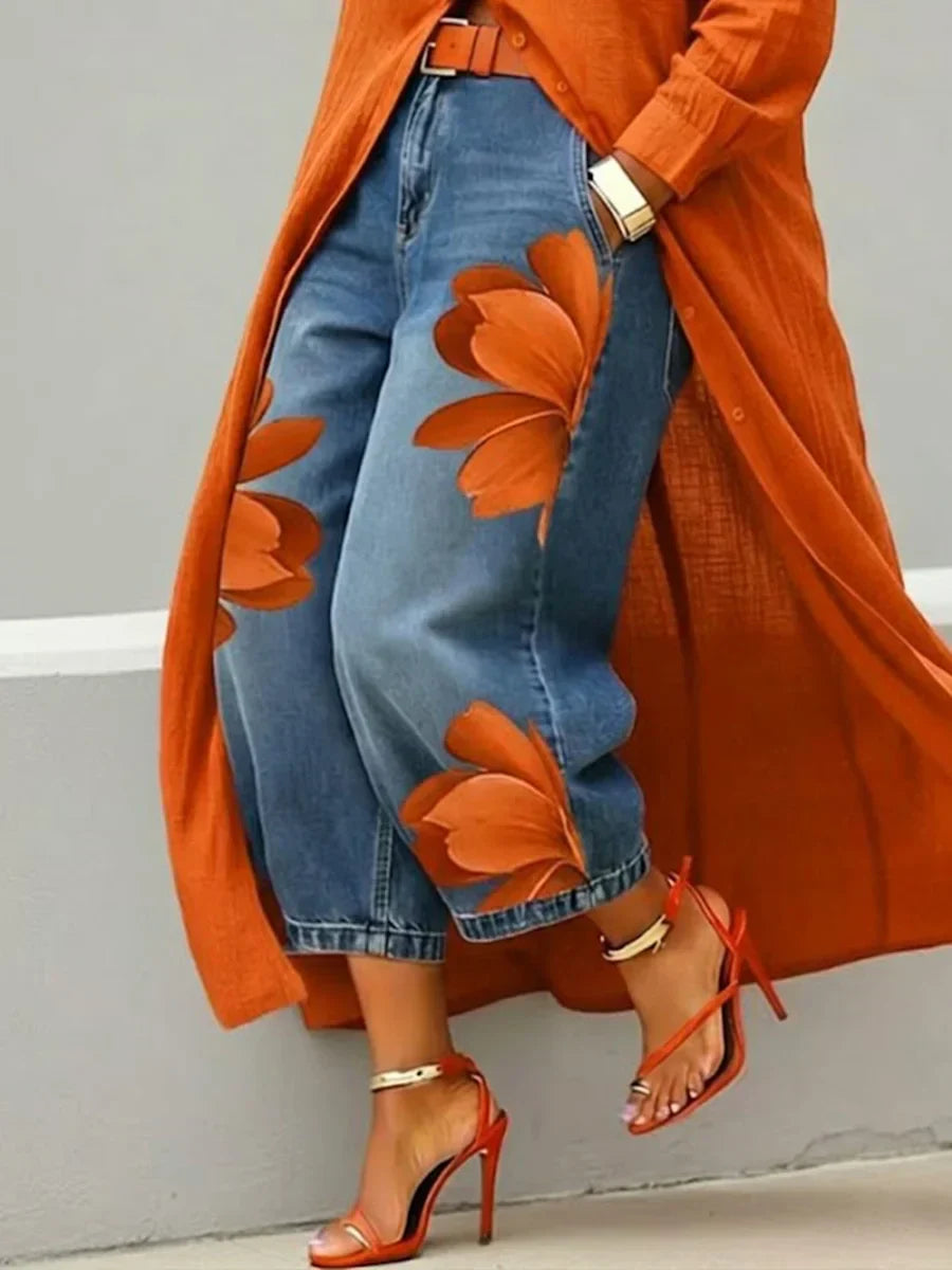 Mallory | Elegant Skjortklänning och Blommiga Jeans Set