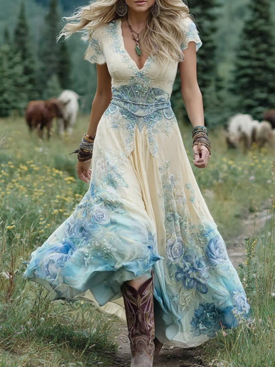 Amelia | Vintage Blommig Maxi Klänning