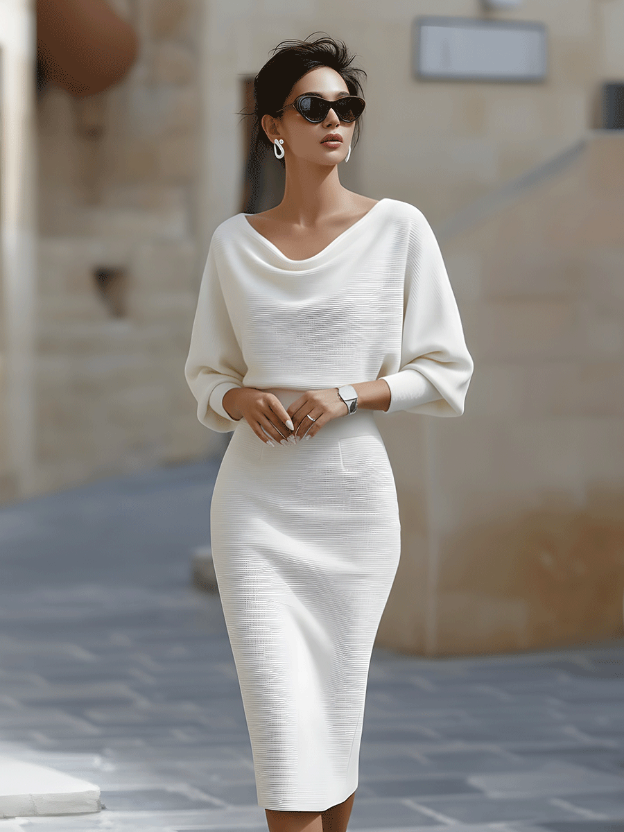 Liora | Elegant Draped Batwing Midi Klänning