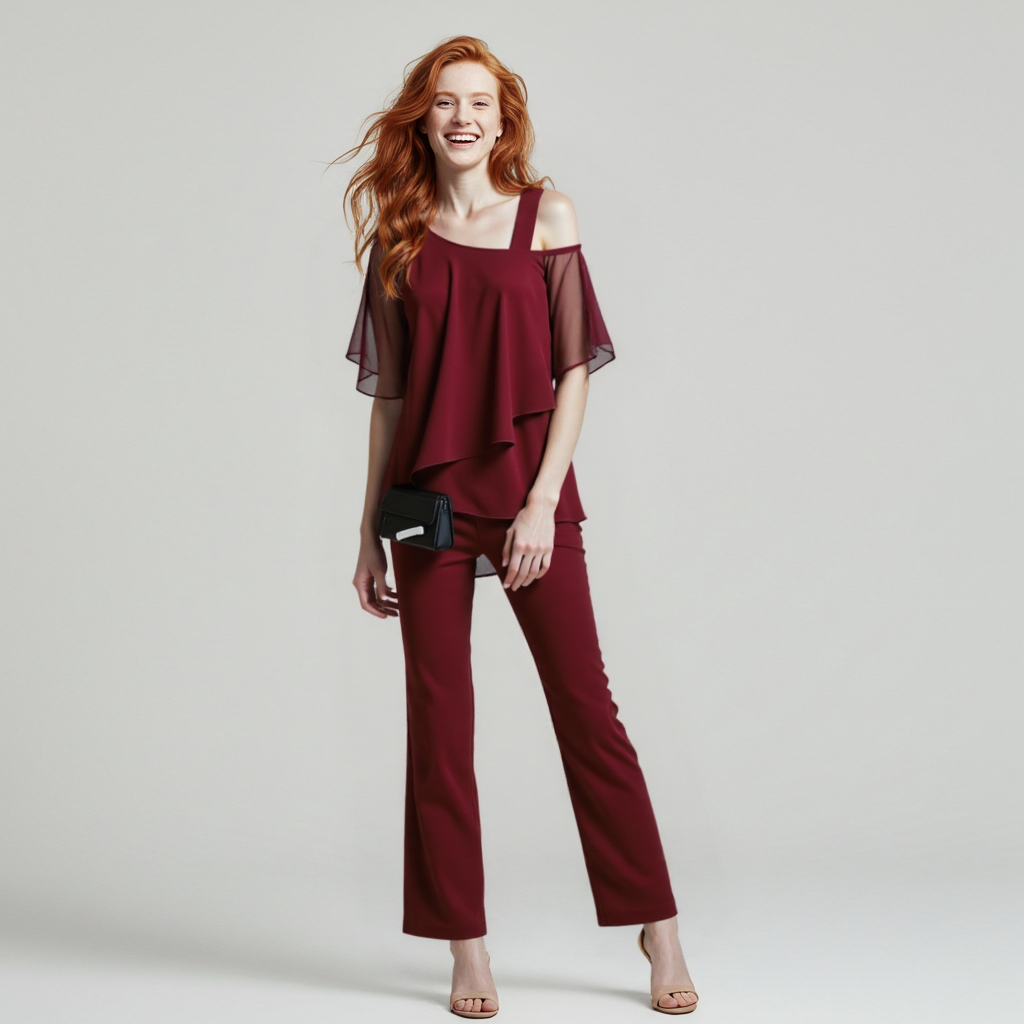 Jessie | Elegant Draped Tvådelad Set med Vida Ben