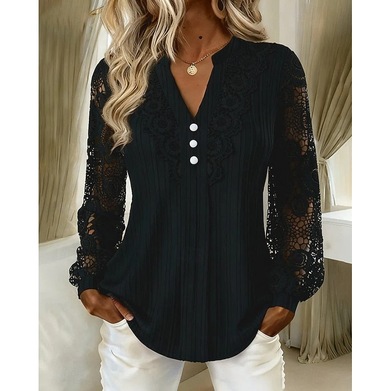 Annalise | Blus med Spetsdetaljer och Långa Ärmar